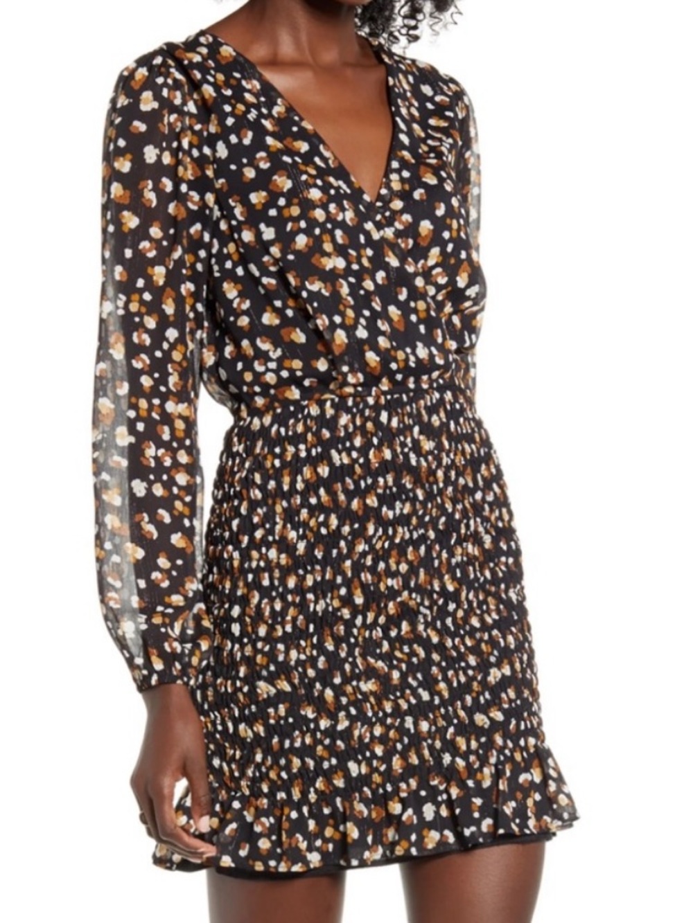 Row A Smocked Long Sleeve Print Chiffon Wrap Mini Dress Size Medium NWT